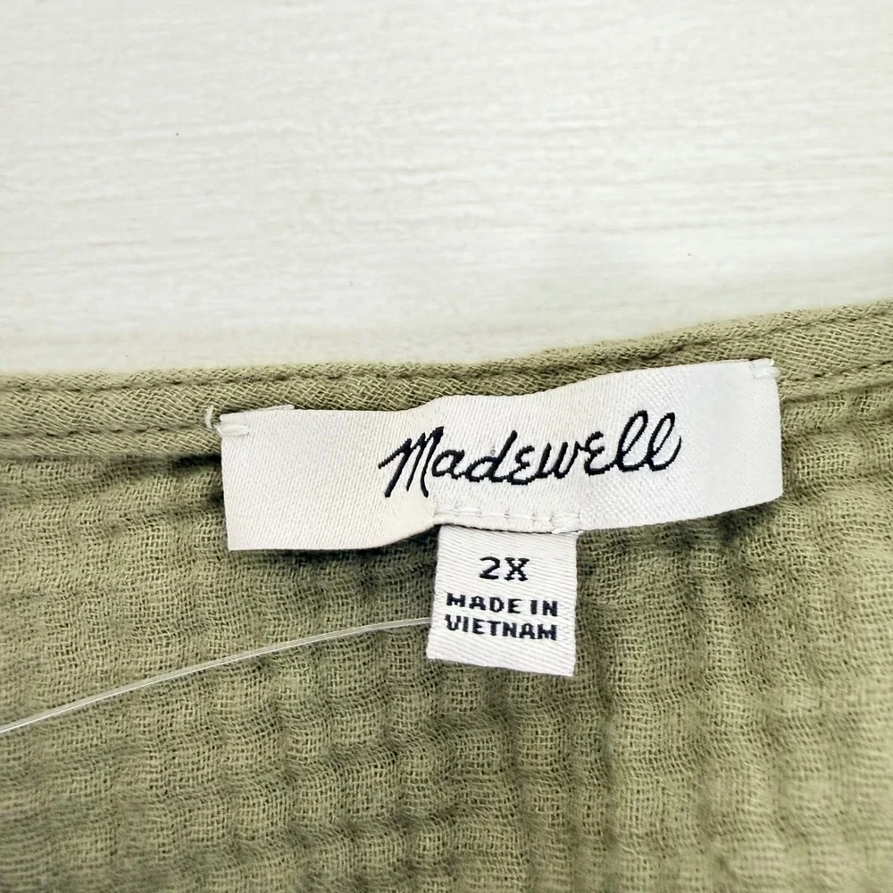 Madewell Smocked Wrap Top Womens 2X Green Cotton Gauze‎ Puff Sleeve Julianne